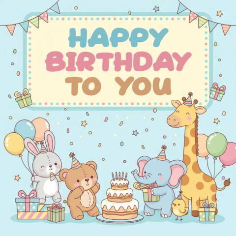 Cartaz de feliz aniversário com festa de animais fofos, incluindo coelho, urso, elefante, pintinho, girafa, balões, bolo e tema de celebração alegre.