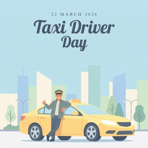 Taxi Driver Day 2026 Poster Smiling Driver Giving Thumbs-Up Beside Classic Yellow Cab Illustration