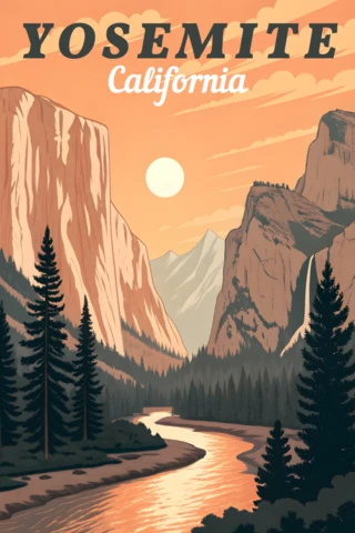 California Yosemite Landscape Illustration for Retro Flat Posters and Prints Template