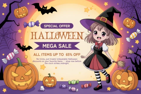 Incantevole modello di vendita di Halloween con un adorabile design di strega manga per volantini promozionali