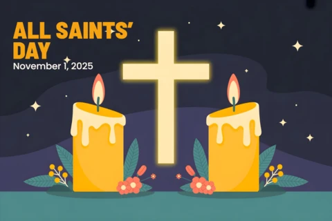 Modelo de cartão de saudação com exibição reverente de velas em casa para o dia de todos os santos, com acentos florais e luz celestial.