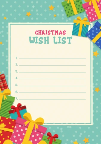 Lista dei desideri di Natale, modello a tema festivo con sfondo turchese e icone stagionali allegre