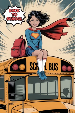 Fille super-héroïne de retour à l'école dans un bus scolaire avec une cape rouge et un modèle d'affiche en éclat de bande dessinée.