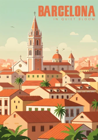 Barcelona in Quiet Bloom Red Rooftops, Palm Trees & Cathedral View Travel Posters Design Template