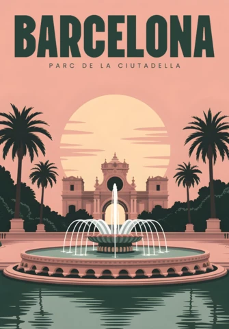 Barcelona Ciutadella Park Cascada Monumental & Sunset Fountain Scene Travel Posters Design Template