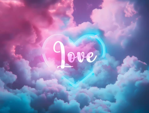 Modelo de plano de fundo sonhador de nuvens com corações de amor em neon