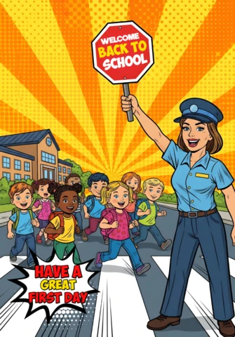 Bem-vindos de volta à escola, alunos atravessando a rua com o guarda de trânsito e o cartaz do campus com a torre do relógio.