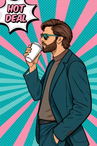 Modèle de design pop art pour affiches promotionnelles mettant en avant un homme élégant avec un café.
