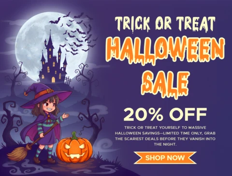 Whimsical Halloween Sale Flyer Template with Witch and Pumpkin Design