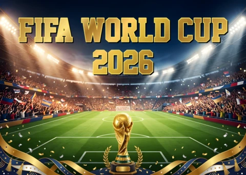 FIFA World Cup 2026 Championship Poster with Golden Trophy and Stadium Lights