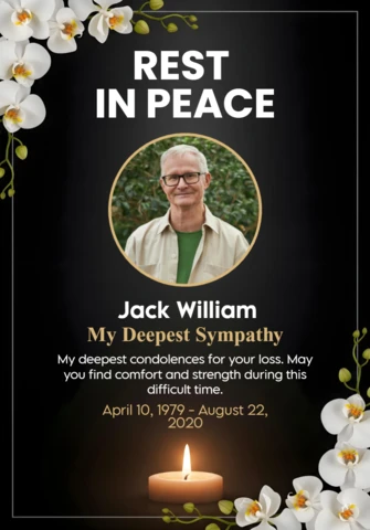 Condolence Poster Rest in Peace Tribute with White Orchids and Sympathy Text Design Template
