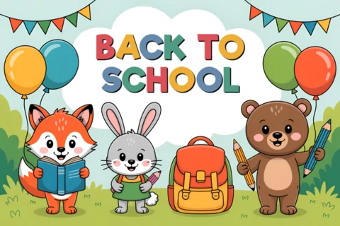 Back to School Design Template with Cute Animals for Kids' Greeting Cards