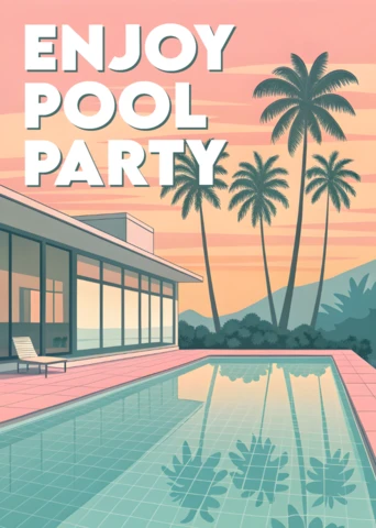 Retro Pool Party Design Template with Palm Trees for Summer Event Invitations