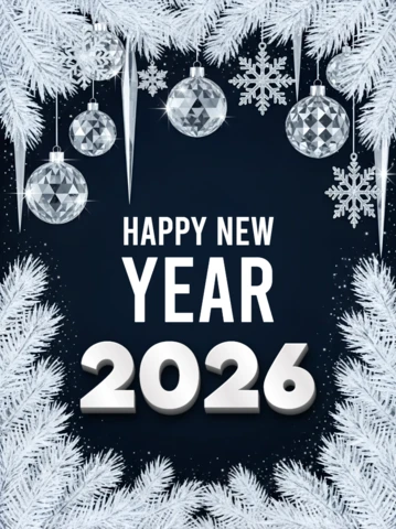 New Year Celebration Template with Snowflakes and Ornaments Design for Greeting Cards