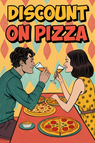 Modello di volantino sconto pizza retrò che presenta coppie a cena