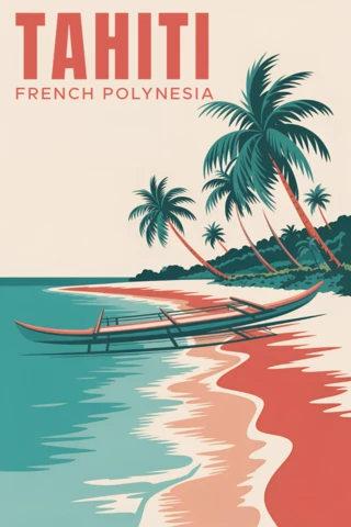 Tahiti Vintage Travel Poster Design Template with Tropical Beach and Palm Trees