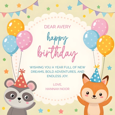 Whimsical Birthday Invitation Template Design with Cute Animal Characters and Colorful Balloons