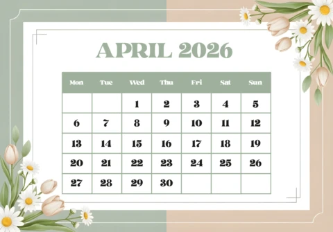 Nisan 2026 takvim posteri pembe çiçekler, yeşil yapraklar ve şık mevsimsel dekoratif sanat eseri