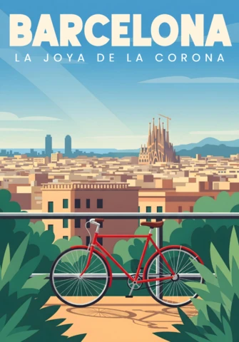 バルセロナ旅行アート都市風景 自転車とバシリカの景色 ポスターデザインテンプレート