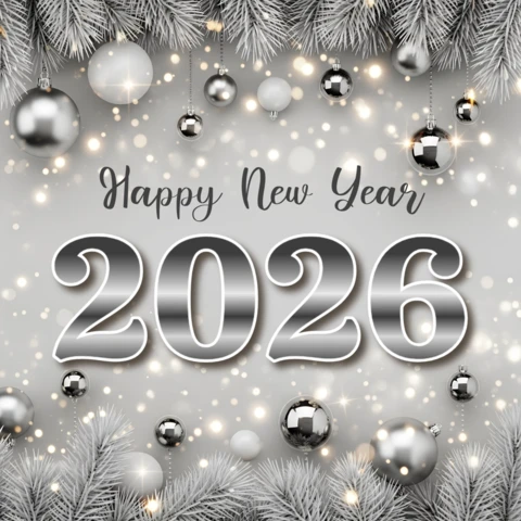 New Year Celebration Template with Silver Ornaments and Pine Design for Greeting Cards