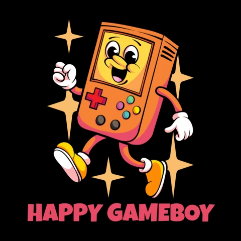 Plantilla de diseño de camiseta de personaje nostálgico de consola de juegos Gameboy feliz que trae diversión y alegría.