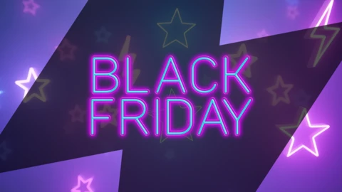 Vibrante design al neon del Black Friday con stelle e tema elettrico