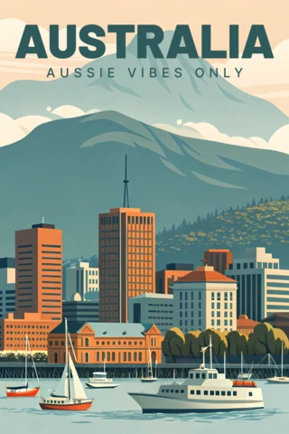 Template de design vintage da Austrália para pôsteres de viagem com paisagens urbanas cênicas
