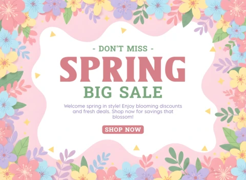 Affiche de réduction de printemps – fleurs vibrantes et cadre rose ondulé avec une annonce de vente audacieuse