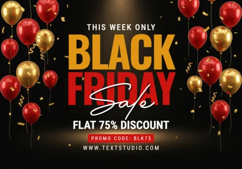 Affiche de vente de vacances promotion Black Friday avec des ballons festifs, des accents dorés et un message "Achetez maintenant" modèle de design.
