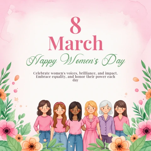 International Women’s Day Poster Design Template with Diverse Women Illustration and Floral Watercolor Background