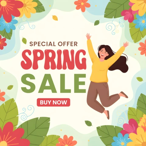 Promoción de venta de primavera estacional: colores brillantes y diseño festivo que resalta descuentos.