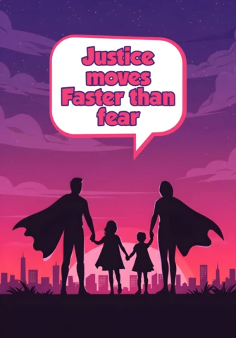 Plantilla de diseño de cartel de siluetas de superhéroes de la justicia con paisaje urbano y cita inspiradora.