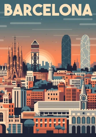 Sunset Skyline with Sagrada Família & Torre Glòries Travel Posters Design Template