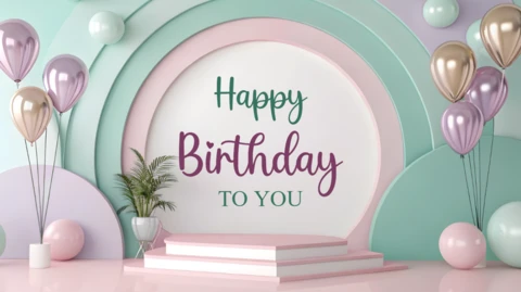 Happy Birthday Design Template with Pastel Balloon and Arch Elements