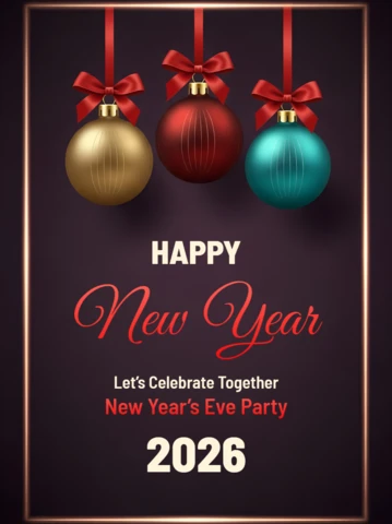 Plantilla elegante de celebración de año nuevo con diseño de ornamentos festivos para invitaciones a fiestas.
