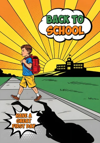 Volta às aulas, estudante caminhando em direção à escola com fundo de nascer do sol e mochila vermelha, modelo de cartaz.