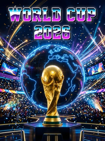Plakat turnieju Mistrzostw Świata FIFA 2026 z złotym trofeum, globalnym motywem piłkarskim i światłami świętowania na stadionie