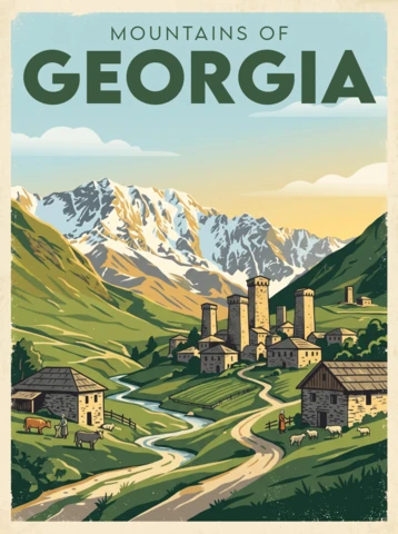Georgia retro vintage natura plakat góry Gruzji malownicza górska dolina rzeka historyczne wieże rustykalne domy przygoda podróż ilustracja ścienna