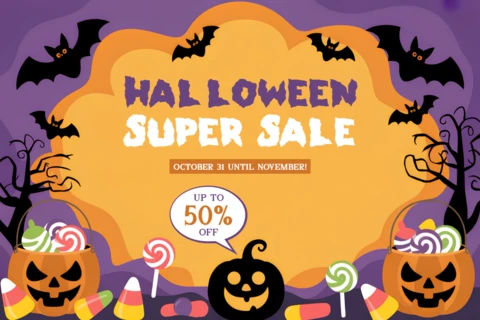 Halloween Sale Promotional Template with Spooky Pumpkins and Bats Design