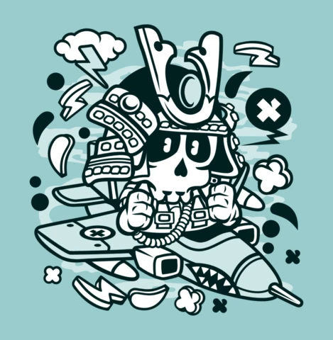 Samurai Pilot Cartoon Character T-shirt Design Template