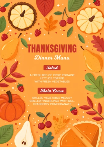 Modèle de design de menu de Thanksgiving avec des feuilles d'automne et une citrouille pour des flyers festifs