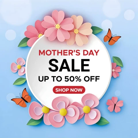 Mother's Day Sale Design Template with Floral Elements and Butterflies