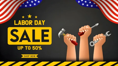 Modelo de design de promoção do Dia do Trabalho com estilo gráfico arrojado para promoções de até 50% de desconto
