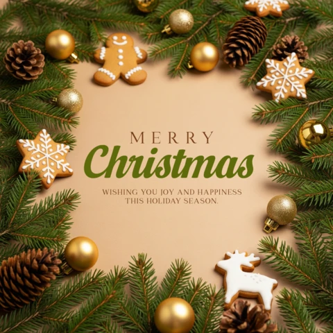 Merry Christmas Card Festive Garland with Cookies and Pinecones Framing Wishing You Joy and Happiness Message Design Template
