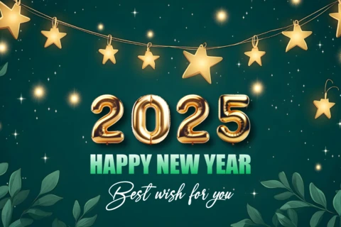 Green and Gold Stars Happy New Year 2025 Card Design Template