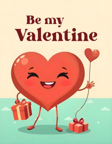 Encantadora plantilla de tarjeta de San Valentín con un simpático corazón y regalos