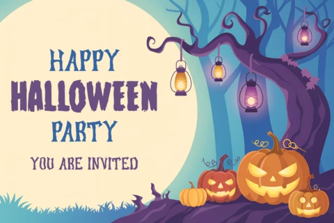 Modelo de convite para festa de Halloween com design de lanternas e abóboras divertidas.
