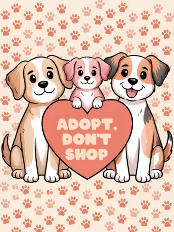 Plantilla de diseño de adopción de mascotas juguetonas para carteles con perros y corazón