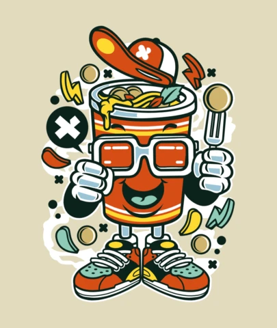 Plantilla de diseño de camiseta con personaje de dibujos animados de taza de fideos