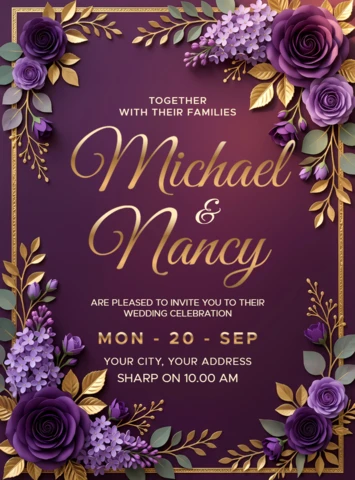 Luxury Purple and Gold Wedding Invitation Card Template with Elegant Rose and Lilac Floral Frame